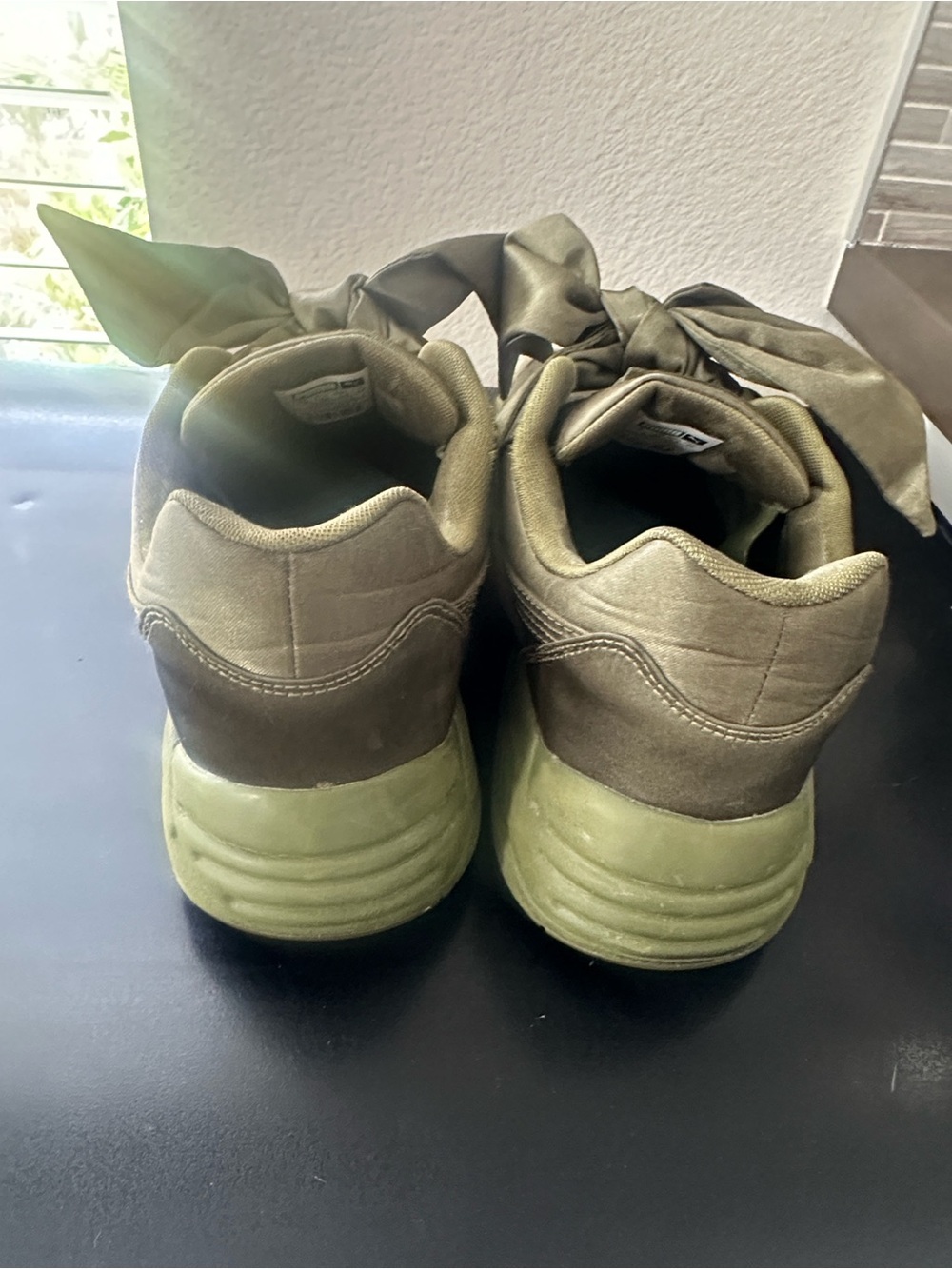 Rihanna Puma Olive Green Satin Bow Sneakers - Picture 3 of 6